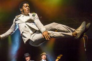 Vintage Trouble's Ty Tyler kicking out the primitive soul jams.