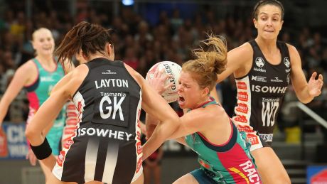 Midcourt battle: Vixen Tegan Philip holds out against Magpie Sharni Layton.