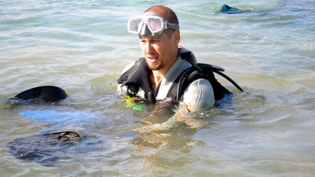 Bryan Fry with stingrays, which unlike fang blennys have a painful defensive venom.