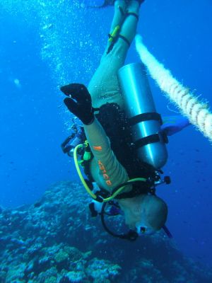 Bryan Fry diving at Lizard Island, Queensland, which is prime fang blenny territory.﻿