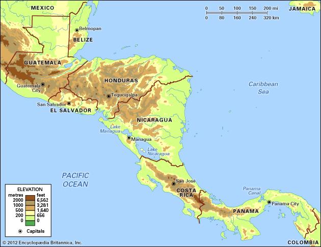 Central America. Political/Physical map: regional, elevation.