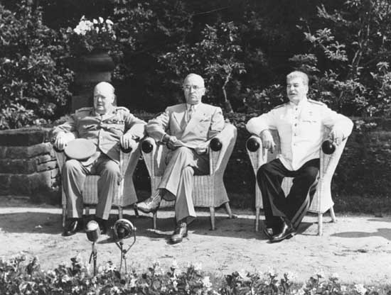 British Prime Minister Winston Churchill, U.S. Pres. Harry S. Truman, and Soviet Premier Joseph Stalin meeting at Potsdam, Germany, in July 1945 to discuss the postwar order in Europe.