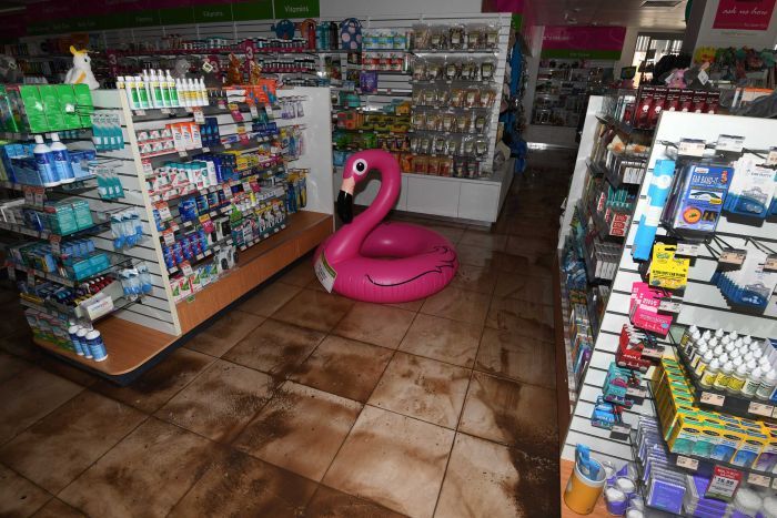 A pink inflatable flamingo sits in the centre of a storm damaged pharmacy in Airlie Beach