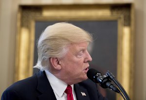 President Donald Trump speaks during a signing ceremony for executive orders regarding trade in the Oval Office at the White House, Friday, March 31, 2017, in Washington.