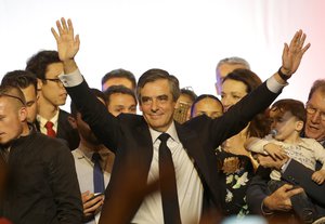 French conservative presidential candidate Francois Fillon gestures after his speech during a campaign meeting in Toulon, southern France, Friday, March, 31, 2017. The two-round presidential election is set for April 23 and May 7.