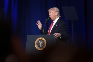 President of the United States Donald Trump speaking at the 2017 Conservative Political Action Conference (CPAC) in National Harbor, Maryland