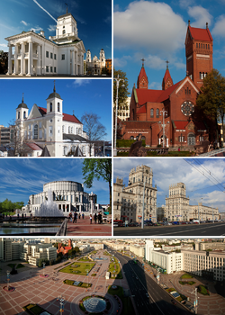 Clockwise from top left: Minsk City Hall, the Red Church, Railway Station Square, Independence Square, Opera and Ballet Theatre and the Church of Sts. Peter and Paul.