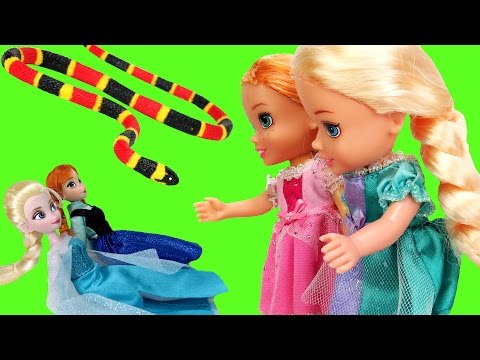 Elsa & Anna TURN small ! SNAKE Attack ! Toddlers are scared - Will they turn back to normal ?