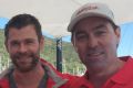 Hamilton Island CEO Glenn Bourke, Hamilton Island owner Sandy Oatley, Chris Hemsworth and Wild Oats XI skipper Mark ...