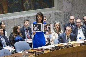 The Security Council met to discuss the alleged use of chemical weapons in an airstrike on 4 April in the Khan Shaykhun area of southern Idlib, Syria. Nikki Haley, United States Permanent Representative to the UN and President of the Security Council for April, addresses the meeting, 5 April, 2017.