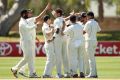 James Pattinson of the Bushrangers celebrates with teammates after claiming the wicket of South Australia's Callum ...