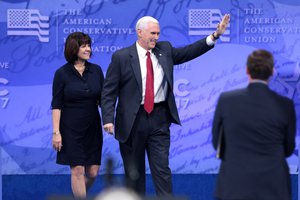 Second Lady Karen Pence and Vice President of the United States Mike Pence speaking at the 2017 Conservative Political Action Conference (CPAC) in National Harbor, Maryland