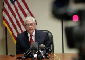 Secretary of State Rex Tillerson speaks to the news media at the Palm Beach International Airport, Thursday, April 6, 2017, in West Palm Beach, Fla.  (AP Photo/Lynne Sladky)