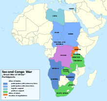 color map of African countries showing Uganda Rwanda and Burundi backing rebels against Kabila