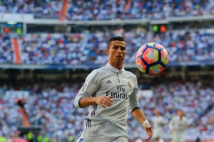 Cristiano Ronaldo in action for Real Madrid at the Santiago Bernabeu stadium.