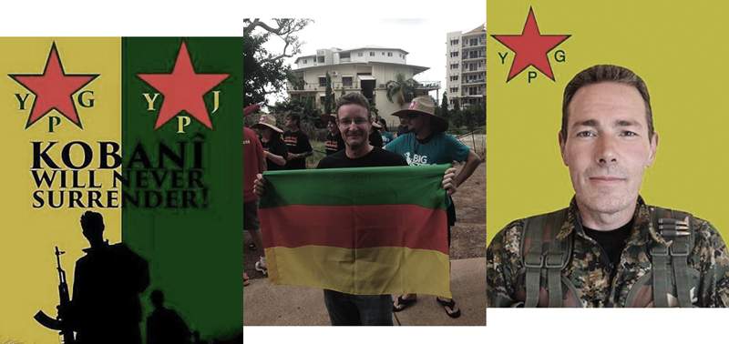 [L-R] A pro-YPG poster, Matthew Gardiner with the Rojava flag, and the late Australian YPG volunteer Jamie Bright, who was shot dead in May 2016.