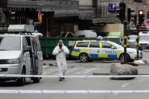 A street is cordoned off near the department store Ahlens following Friday's suspected terror attack in central Stockholm, Sweden, Saturday, April 8, 2017.