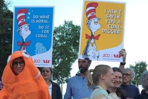 Protesters from Stop Adani Sydney gathered outside Westpac's 200th birthday celebrations in Sydney on Saturday night. 