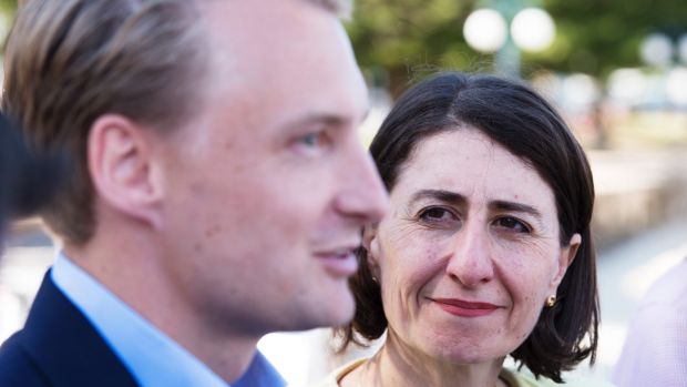NSW Premier Gladys Berejiklian with Liberal candidate James Griffin in Manly.