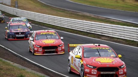 The Shell V-Power Racing Ford Falcons of New Zealanders Fabian Coulthard and Scott McLaughlin beat the Triple Eight ...