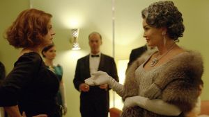 Susan Sarandon as Bette Davis, left, and Jessica Lange as Joan Crawford in a scene from Feud.