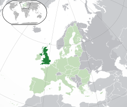 Two islands to the north-west of continental Europe. Highlighted are the larger island and the north-eastern fifth of the smaller island to the west.