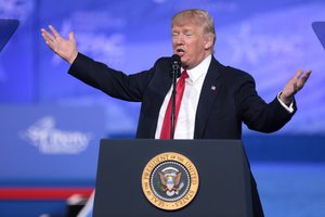 President of the United States Donald Trump speaking at the 2017 Conservative Political Action Conference (CPAC) in National Harbor, Maryland