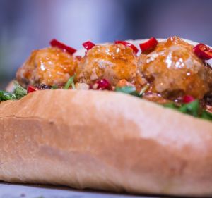 Banh mi with pork meatballs (or xiu mai) from Richmond's Nhu Lan bakery.