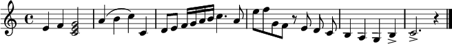 
 \relative c' {
  e f <c e g>2
  a'4( b c) c,
  d8 e f16 g a b
  c4. a8 e' f g, f r \autoBeamOff e d c
  b4 a g b-> c2.-> r4
  \bar "|."
  }
 