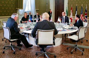 U.S. Secretary of State Rex Tillerson participates in the G7 Ministerial Working Session with his counterparts from Japan, Germany, Britain, Italy, France, Canada, and the European Union, in Lucca, Italy, on April 10, 2017.