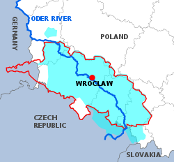 Historic Silesia, superimposed on modern national borders: The medieval and early modern Bohemian and Habsburg province is shaded cyan, Prussian Silesia is bordered in red.