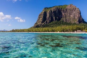 The imposing Le Morne mountain sits on the edge of the beach.