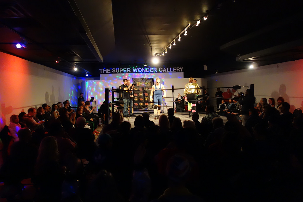 wide angle of the wrestling ring at Super Wonder Gallery