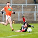 Key point: Armagh skipper Aidan Forker (pictured scoring past Derry’s Ben McKinless) is warning his side that totting up impressive scores will be an essential ingredient for success in the 2017 season