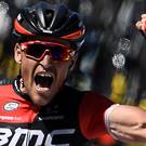 Others in shade: Greg van Avermaet celebrates yesterday’s stage win