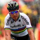 Out in front: Slovakia's Peter Sagan crosses the finish line at the end of the 183 km second stage of the Tour de France yesterday