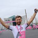 Jeremy Gardiner celebrates crossing the line in the Gran Fondo.