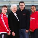 Helping hand: Pictured at the launch of the Sporting Legends Lunch is gymnast Ewan McAteer (age 17 from Lisburn), Dame Mary Peters, Gareth Maguire, CEO and Co-Founder, Sport Changes Life and Victory Scholar Randyll Butler, USA