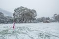 The Beaumont family enjoying snow at Thredbo on Monday.