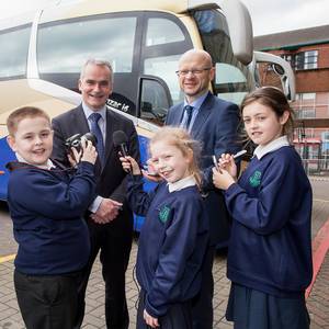 Chris Conway, Group Chief Executive of Translink, gets grilled by Little Reporters from Blythefield Primary School and Darwin Templeton, Managing Editor of Independent News & Media NI.