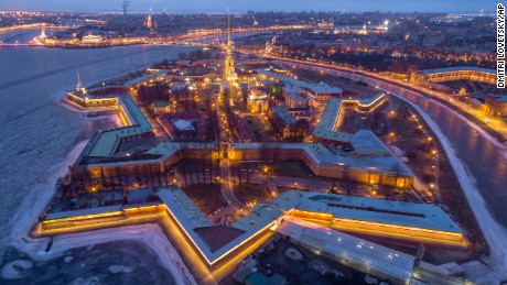 An aerial view of the Saint Peter and Paul Fortress at Zayachiy (Hare) Island in St.Petersburg, Russia, Tuesday, March 14, 2017. (AP Photo/Dmitri Lovetsky)