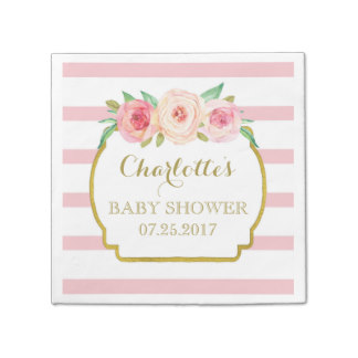 Rose Stripes Gold Pink Floral Baby Shower Napkin