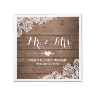 Rustic Barn Wood Lace Mr. and Mrs. Wedding Napkin