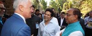 Malcolm Turnbull with cricket legend Sachin Tendulkar in Mumbai.