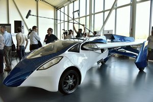 File - Prototype of AeroMobil's flying car, a Slovak roadable aircraft that first flew in 2013.