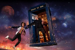 Bill (Pearl Mackie), The Doctor (Peter Capaldi), and Nardole (Matt Lucas) in <i>Doctor Who</i>.