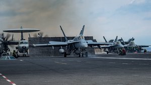 An F/A-18C Hornet assigned to the "Blue Blasters"  of Strike Fighter Squadron (VFA) 34 prepares to launch from the aircraft carrier USS Carl Vinson, South China Sea, 10 April, 2017