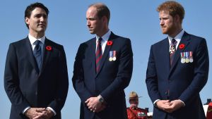 Canadian Prime Minister Justin Trudeau, left, Britain's Prince William, Duke of Cambridge and Britain's Prince Harry, ...