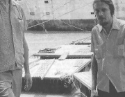 Clyde McKay, left, and Alvin Glatkowski, in front of the prison ship 