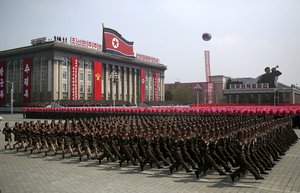 Soldiers march across Kim Il Sung Square during a military parade on Saturday, April 15, 2017, in Pyongyang, North Korea to celebrate the 105th birth anniversary of Kim Il Sung